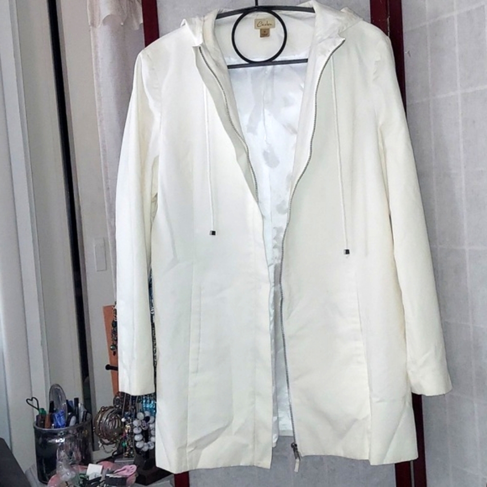 Caslon Women's Vintage White Zip hooded Midi Jacket Sz M